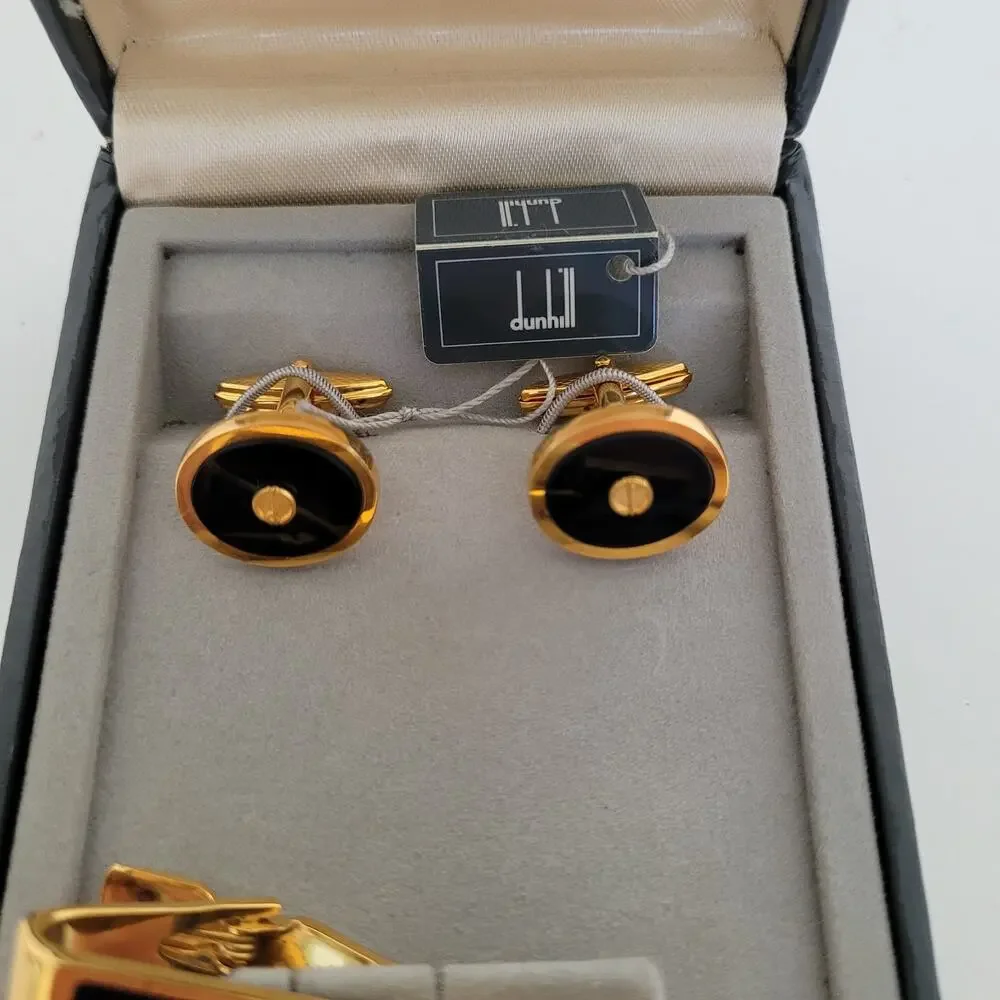 Dunhill Vintage Round Cufflinks Tie Clasp Clip Bar Set Black Onyx Gold Logo Box